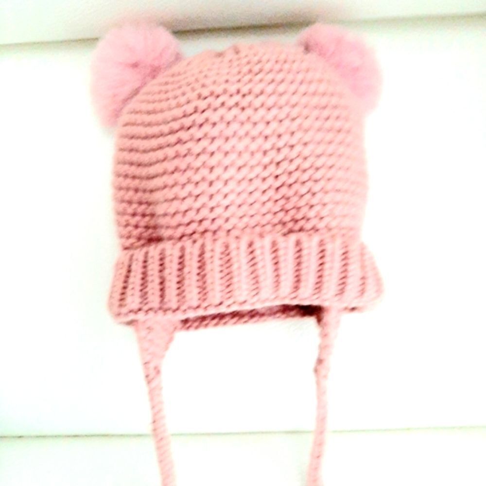 Zara Baby Pom Pom Pink Baby Benie Hat with Side Ties #0239